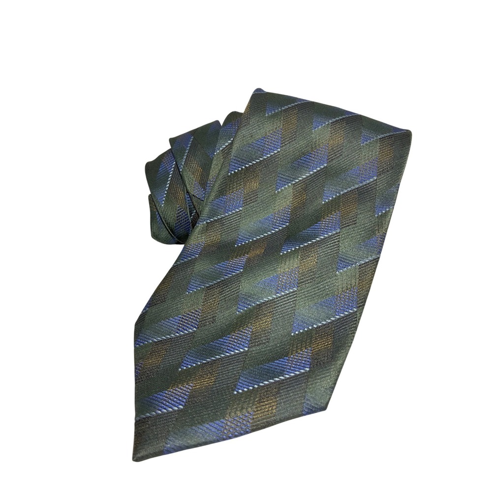 J Ferrar Mens Geometric Chevron Necktie Green Blue Bronze Silk Blend Tie